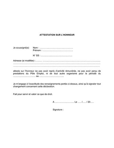Attestation non-rem - Déclare absence de revenus à Pôle Emploi.