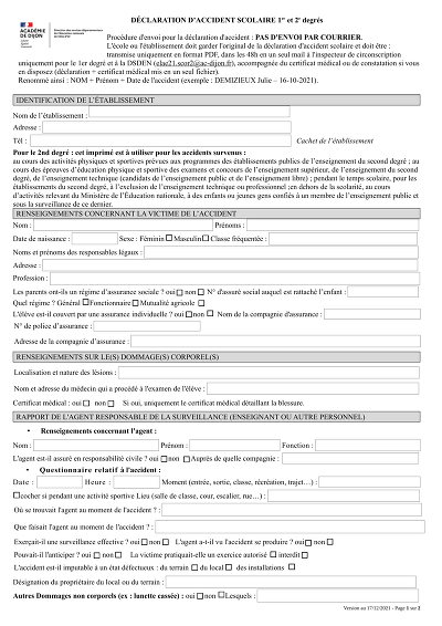 Accident scolaire - Formulaire de déclaration d’accident en milieu scolaire