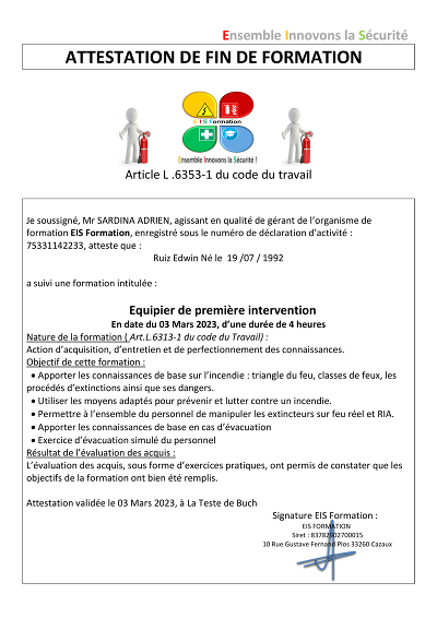 Attest EPI formation - Attestation fin formation Equipier intervention