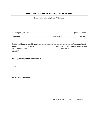 Attest HébergGratuit - Modèle pour hébergement à titre gratuit