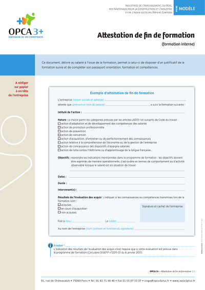 Attest interne société - Exemple d'attestation fin formation interne