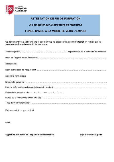 Attest mobil. emploi - Attestation fin formation mobilité emploi