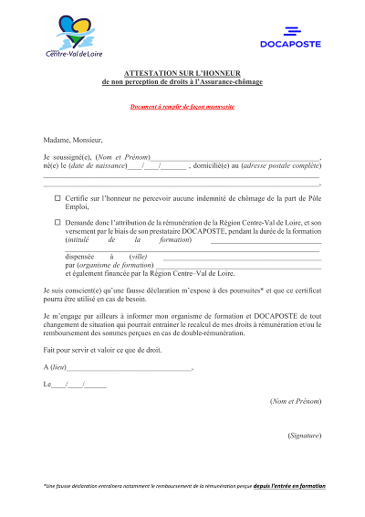 Attest non-perçue - Certifie l’absence d’indemnité chômage.