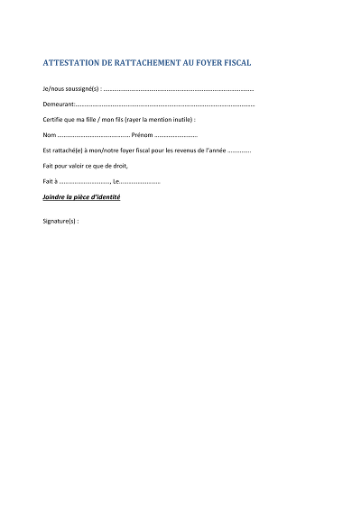 Attest ratt. basique - Attestation de rattachement au foyer fiscal