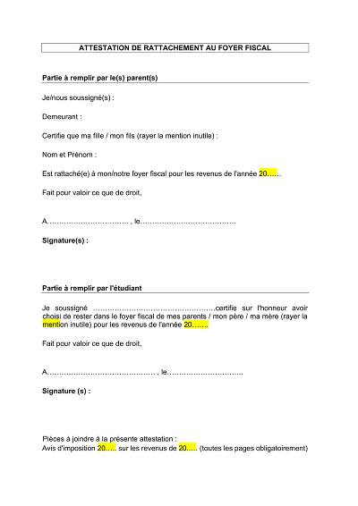 Attestation rattachement - Formulaire parents et étudiant pour rattachement