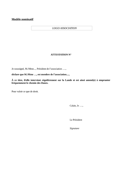 Attestation accès - Autorise l’accès au chemin des Dunes à un membre