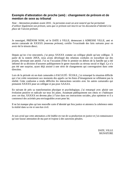 Attestation ami - Certificat d’amitié pour appuyer une demande judiciaire