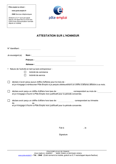 Attestation autoE - Déclare zéro ou montant de chiffre d’affaires.