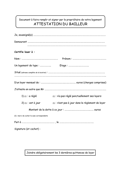 Attestation bailleur - Formulaire d’attestation du bailleur sur le loyer