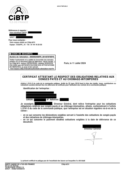Attestation CIBTP CP - Certificat d’obligations de cotisations congés payés CIBTP