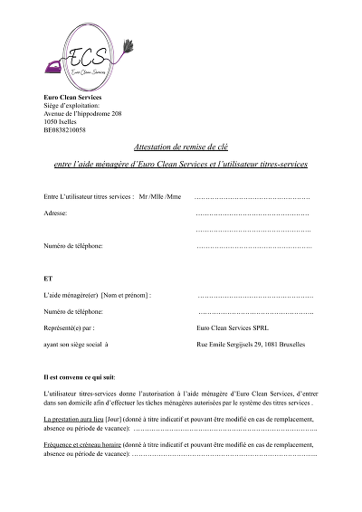 Attestation clé EuroClean - Attestation de remise de clés entre utilisateur titres-services et aide ménagère