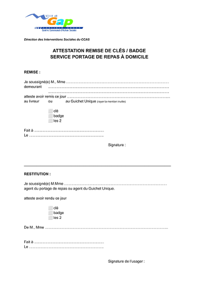 Attestation clés portage - Attestation de remise et restitution de clés/badges portage repas