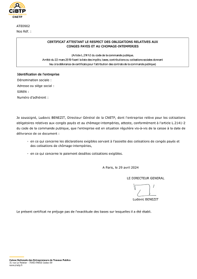 Attestation CNETP CP - Certificat de respect des obligations de cotisations congés payés