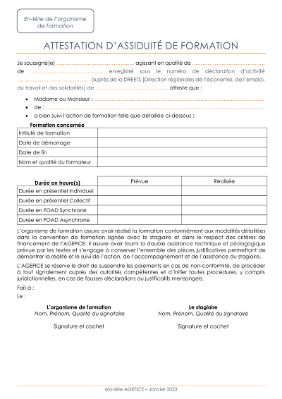 Attestation d’Assiduité - Certificat d’assiduité conforme aux critères AGEFICE