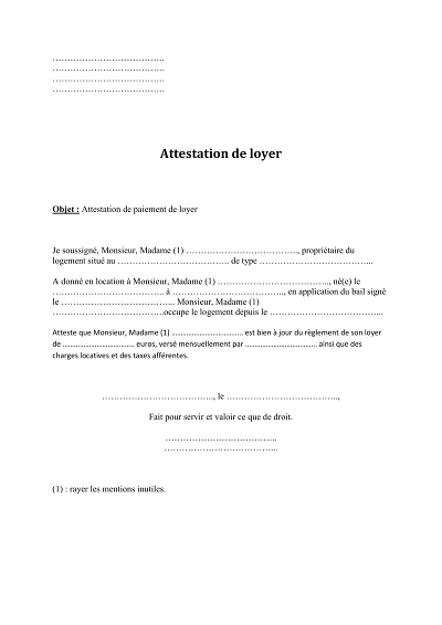 Attestation de loyer - Modèle d’attestation de paiement de loyer PDF