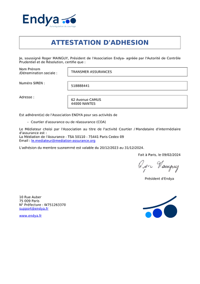 Attestation ENDYA - Certifie l’adhésion d’un membre à ENDYA