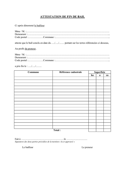 Attestation fin bail - Formulaire type de fin de bail pour terres