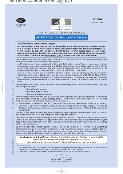 Attestation fiscale - Certificat de régularité fiscale