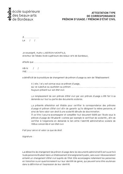 Attestation prénom - Certifie correspondance prénom d’usage et état civil.