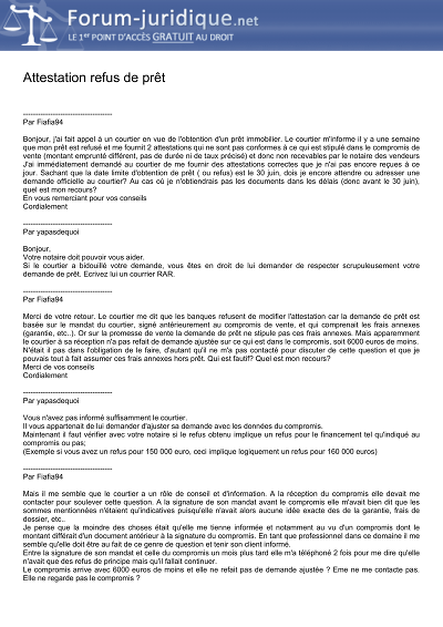 Attestation refus prêt - Échange sur la conformité d’attestations de refus de prêt.