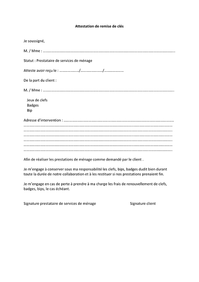 Attestation remise clés - Attestation de remise de clés entre client et prestataire de ménage