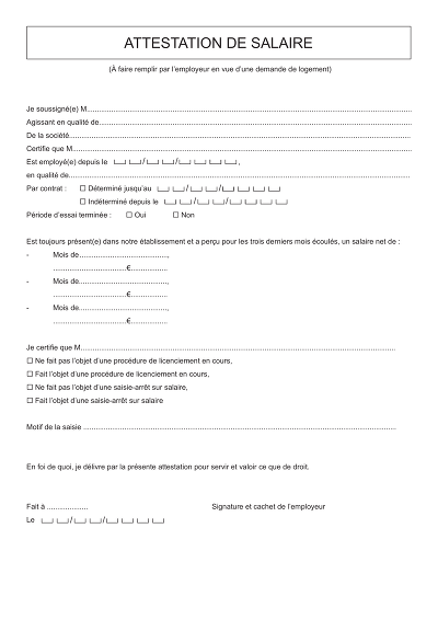 Attestation salaire - Certifie le salaire net des 3 mois pour logement