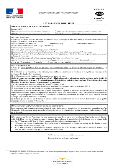 Attestation Simplifiée - Attestation travaux simplifiée pour logement