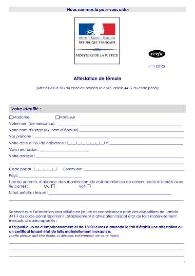 Attestation témoin - Formulaire type pour déclarer des faits constatés