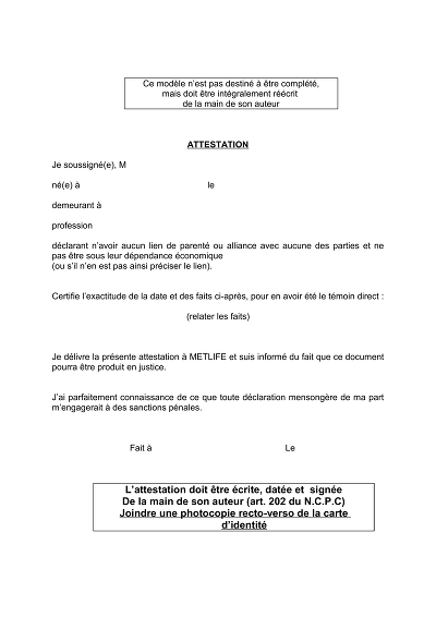 Attestation témoin - Atteste l’absence de dépendance économique