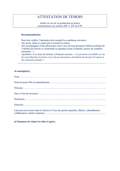 Attestation témoin - Modèle d’attestation de témoin judiciaire.