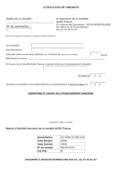 Attestation virement - Formulaire virement bancaire entreprise