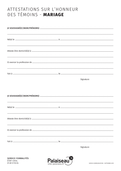 Attestations mariage - Attestations sur l'honneur pour témoins mariage.