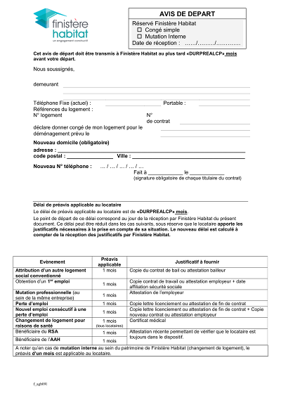 Avis de départ - Formulaire pour notifier le départ effectif du locataire