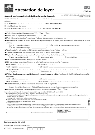 Cerfa 10842 - Cerfa 10842*06 attestation loyer CAF