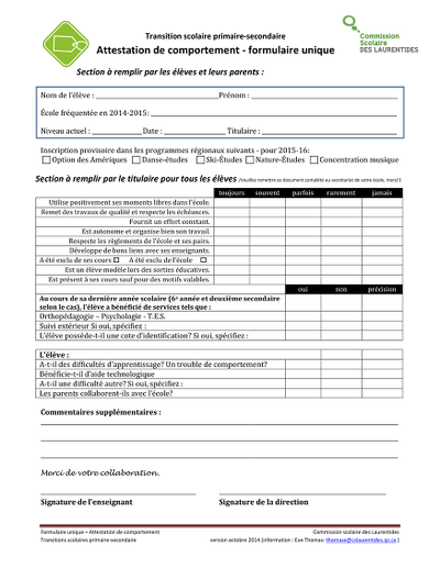 Certificat comportement - Formulaire attestant le comportement scolaire