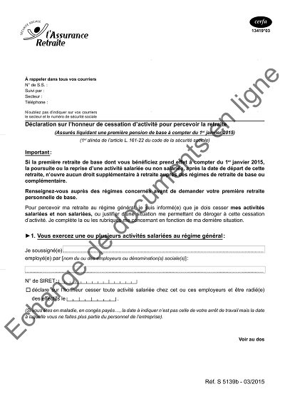 Cessation retraite - Déclaration cessation activité retraite