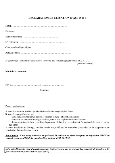 Cessation agricole - Formulaire de cessation activité agricole