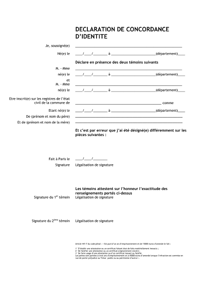 Concordance identité - Déclaration pour corriger erreurs d’identité.