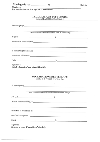 Déclaration témoins - Déclaration des témoins obligatoires du mariage.