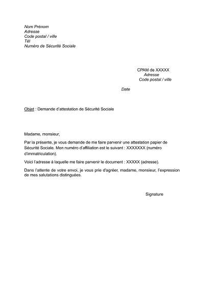 Demande attestation SS - Modèle de lettre pour obtenir une attestation de sécurité sociale