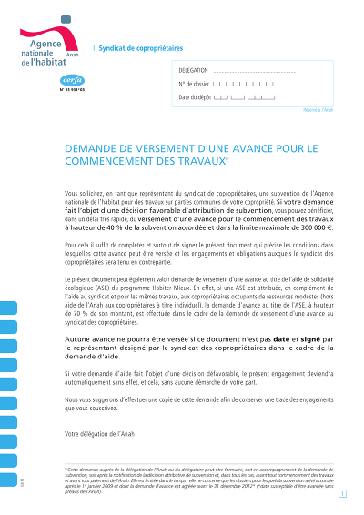 Demande avance Anah - Request advance payment of ANAH subsidy for copro works