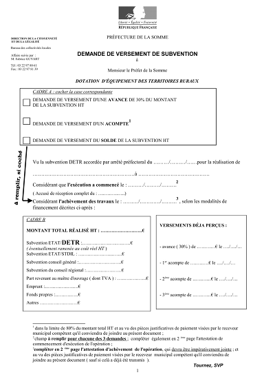 Demande versement DETR - Form to request subsidy payment including advances