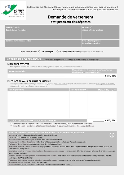 Demande versement état - Request payment with expense justification, including advances