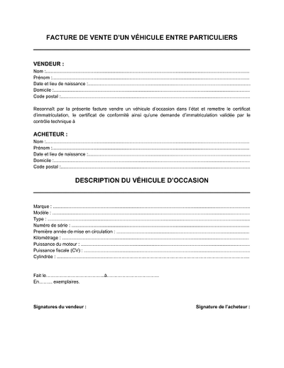 Facture vente véh - Facture vente véhicule d’occasion