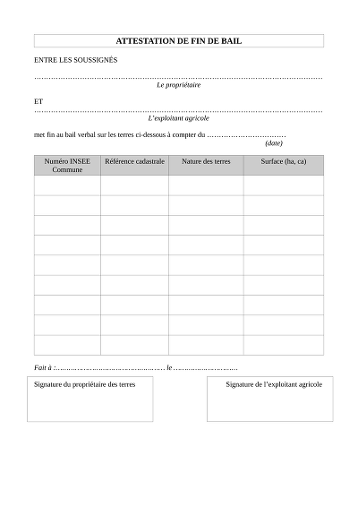 Fin bail agricole - Attestation de fin de bail verbal agricole