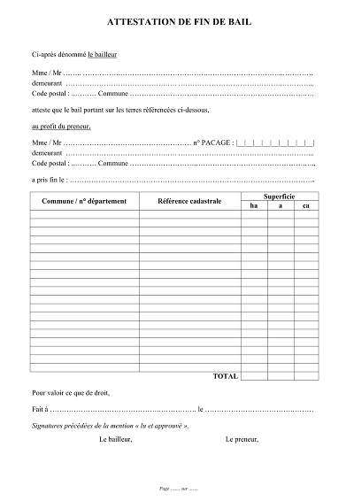 Fin de Bail Cadastre - Attestation fin bail avec ref. cadastrales