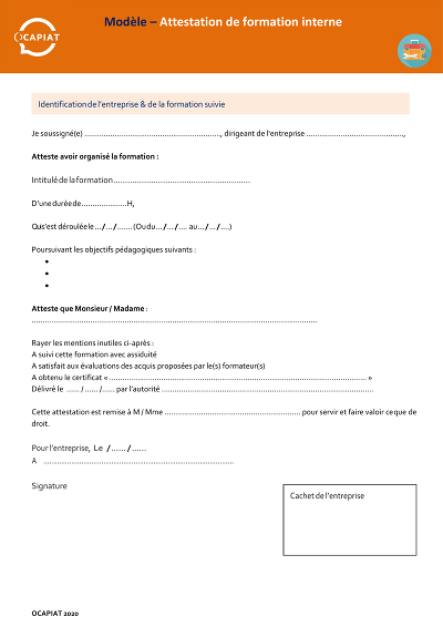 Formation Interne - Attestation de formation organisée en interne