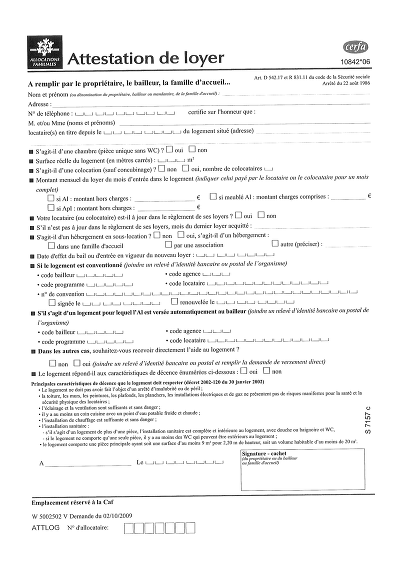 Formulaire CAF loyer - Formulaire Cerfa pour attester le loyer CAF