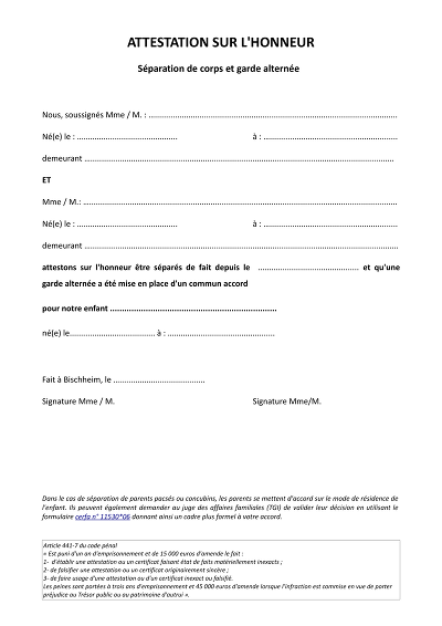 Garde alternée - Certifie la garde alternée suite à séparation.