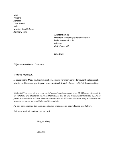 Attestation générique - Modèle de lettre pour déclaration sur l'honneur